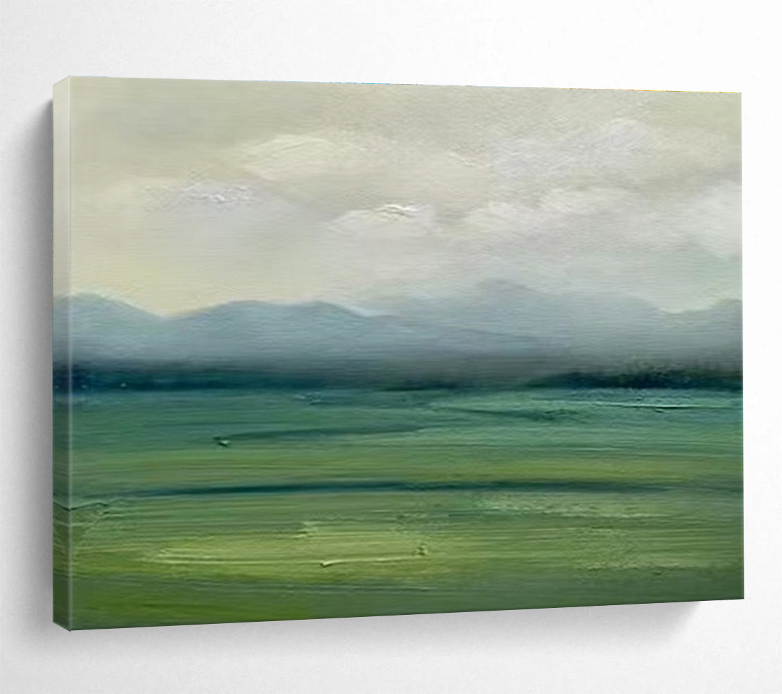 Muted Green and Gray Landscape “Misty Mountain Vista” Painting On Canvas DKH101