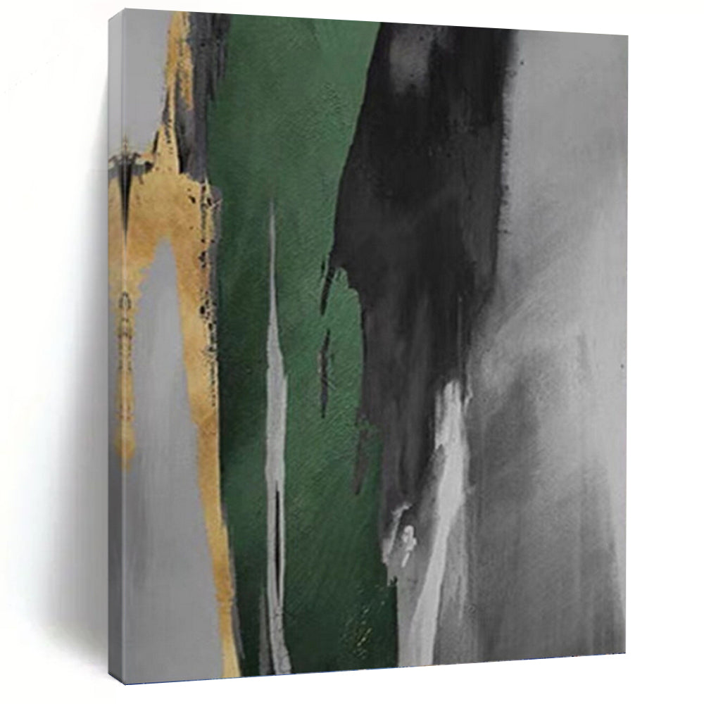 “Green - Gray - Gold Bold Strokes” - Green, Gray & Gold Abstract Expressionist Painting On Canvas DKH0932