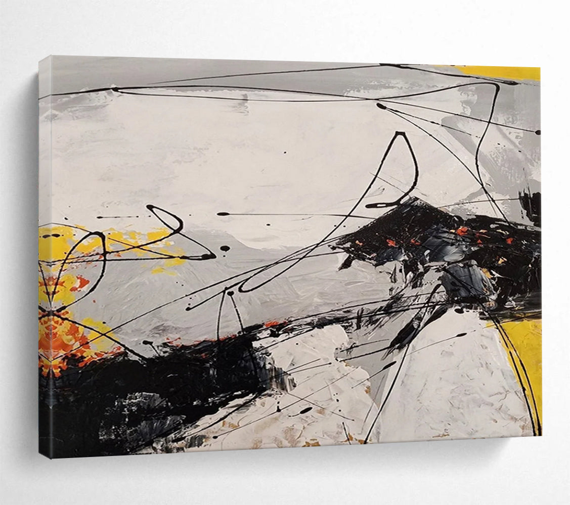 “Black, White, Yellow Gestural ‘Dynamic Dissonance’” - Abstract Gestural Painting On Canvas DLZ030