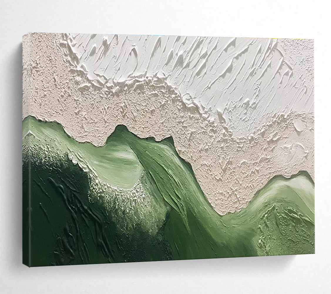 Abstract Green Mountains - Beige & Green Textured Landscape Painting On Canvas DKH874