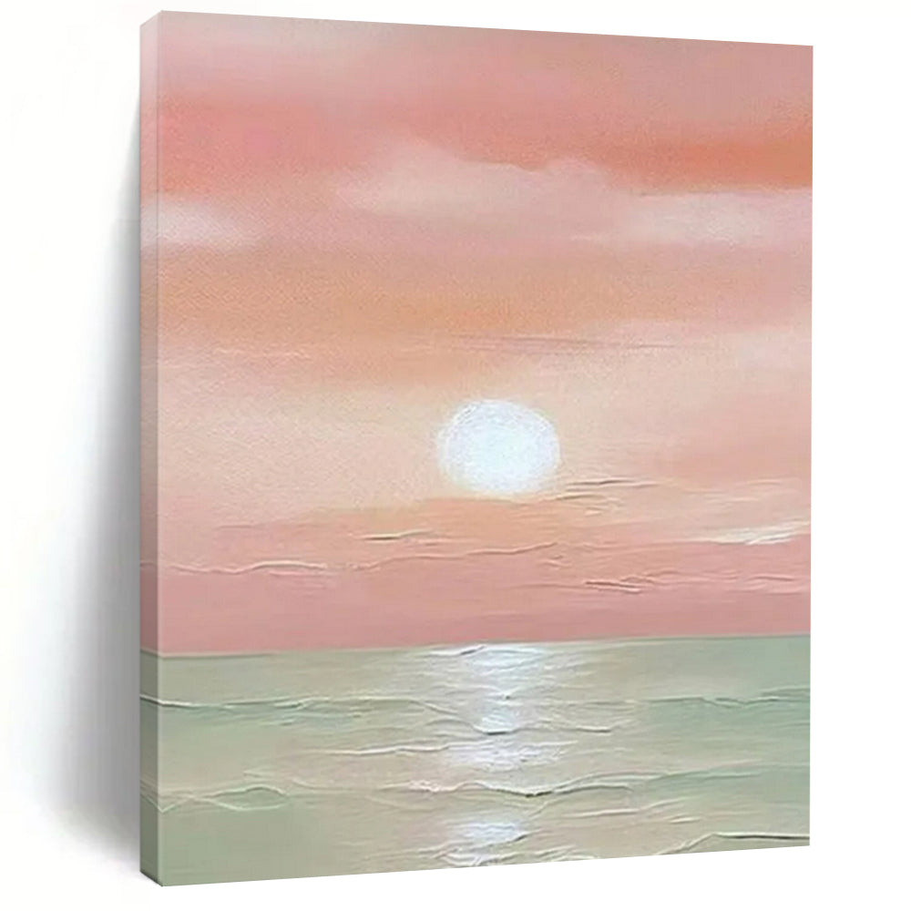 “Pink Sunset Sea” - Pink & Green Seascape Painting On Canvas CT2231