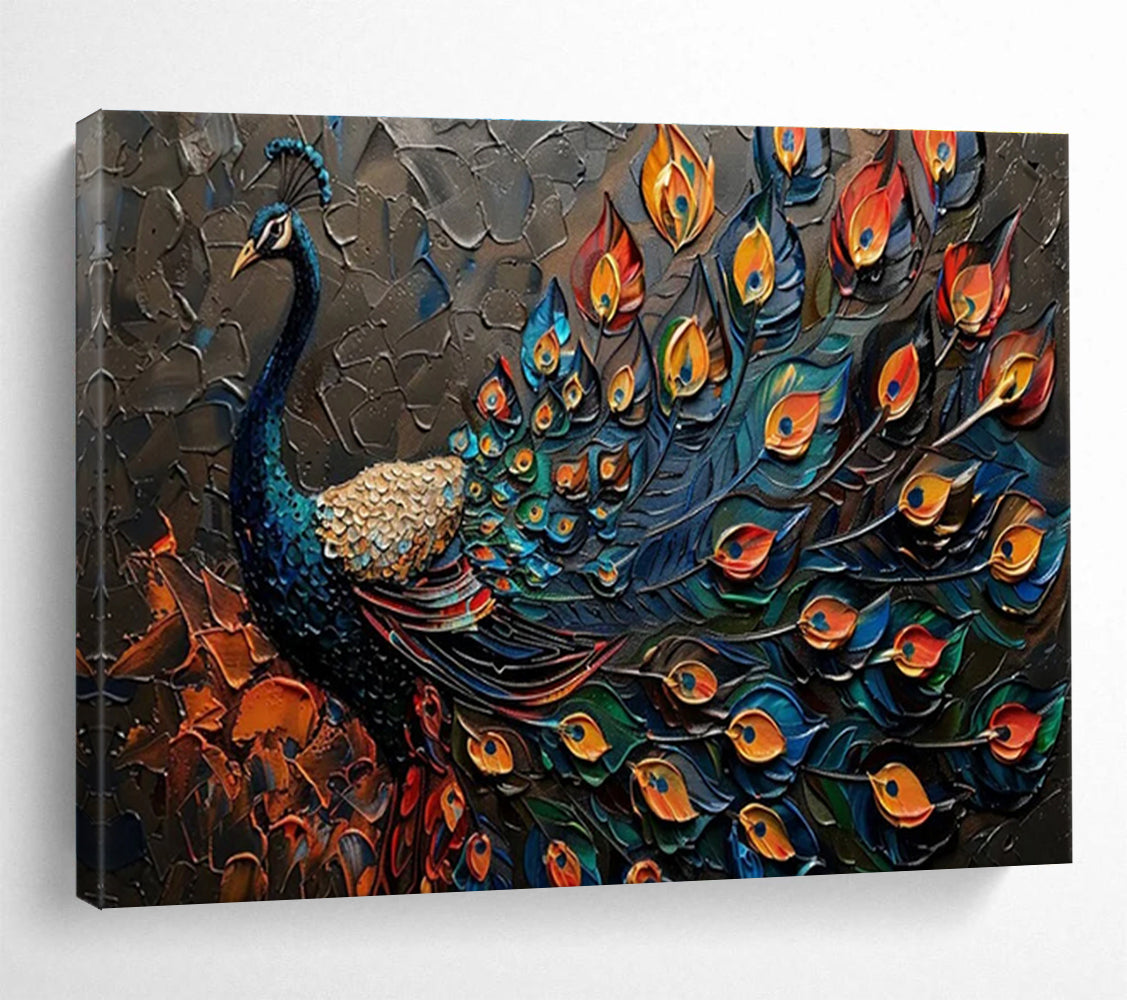 “Textured Peacock with Vivid Plumage” - Ornate Animal Painting On Canvas DKH807