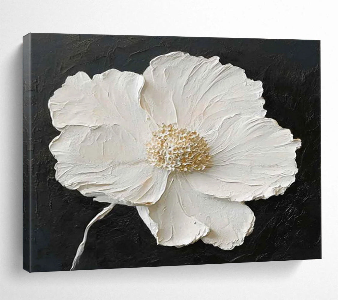 “Textured White Flower on Black” 3D Floral Painting On Canvas DLZ091