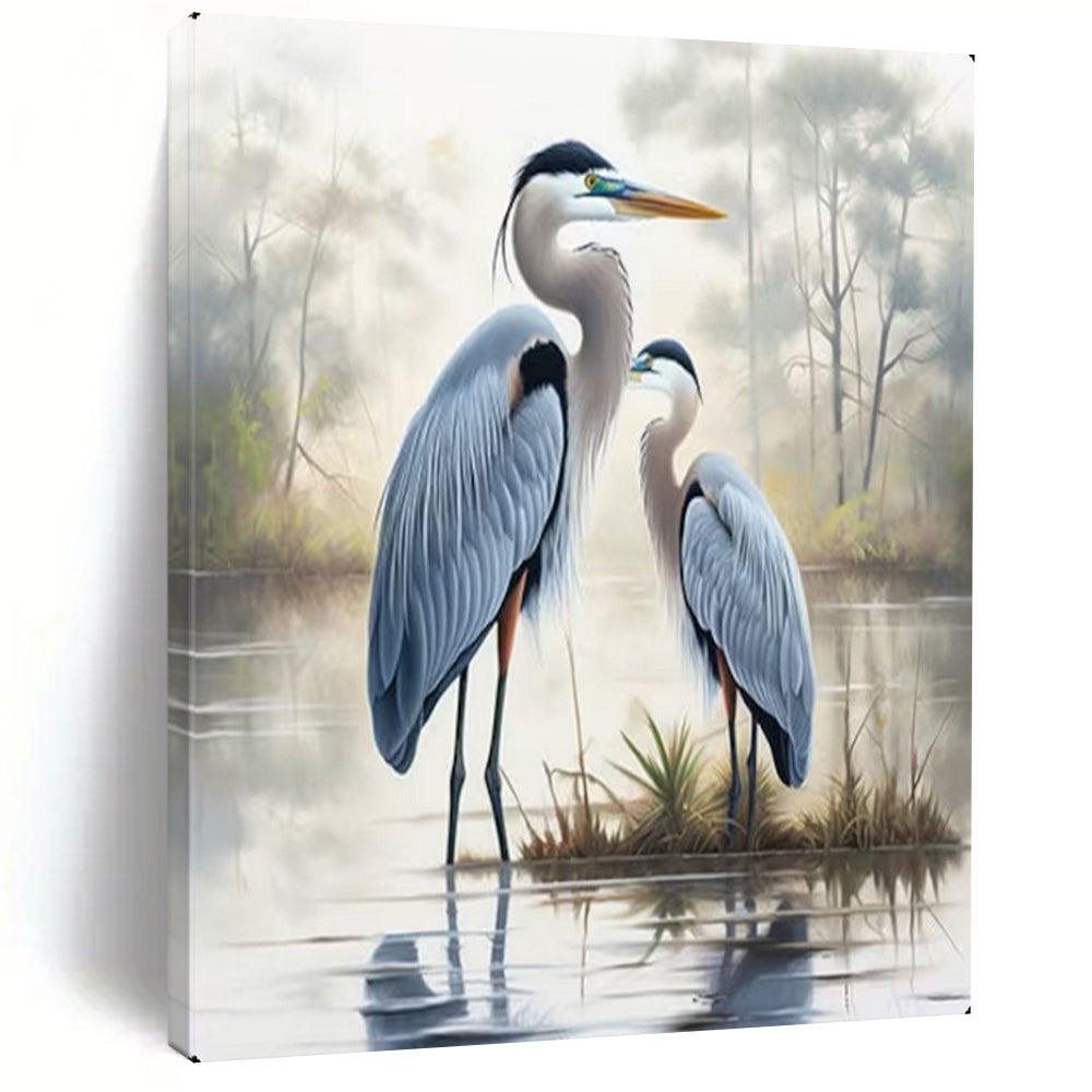 “Blue Herons in Misty Wetland” – Realistic Bird Oil Painting On Canvas CT2129