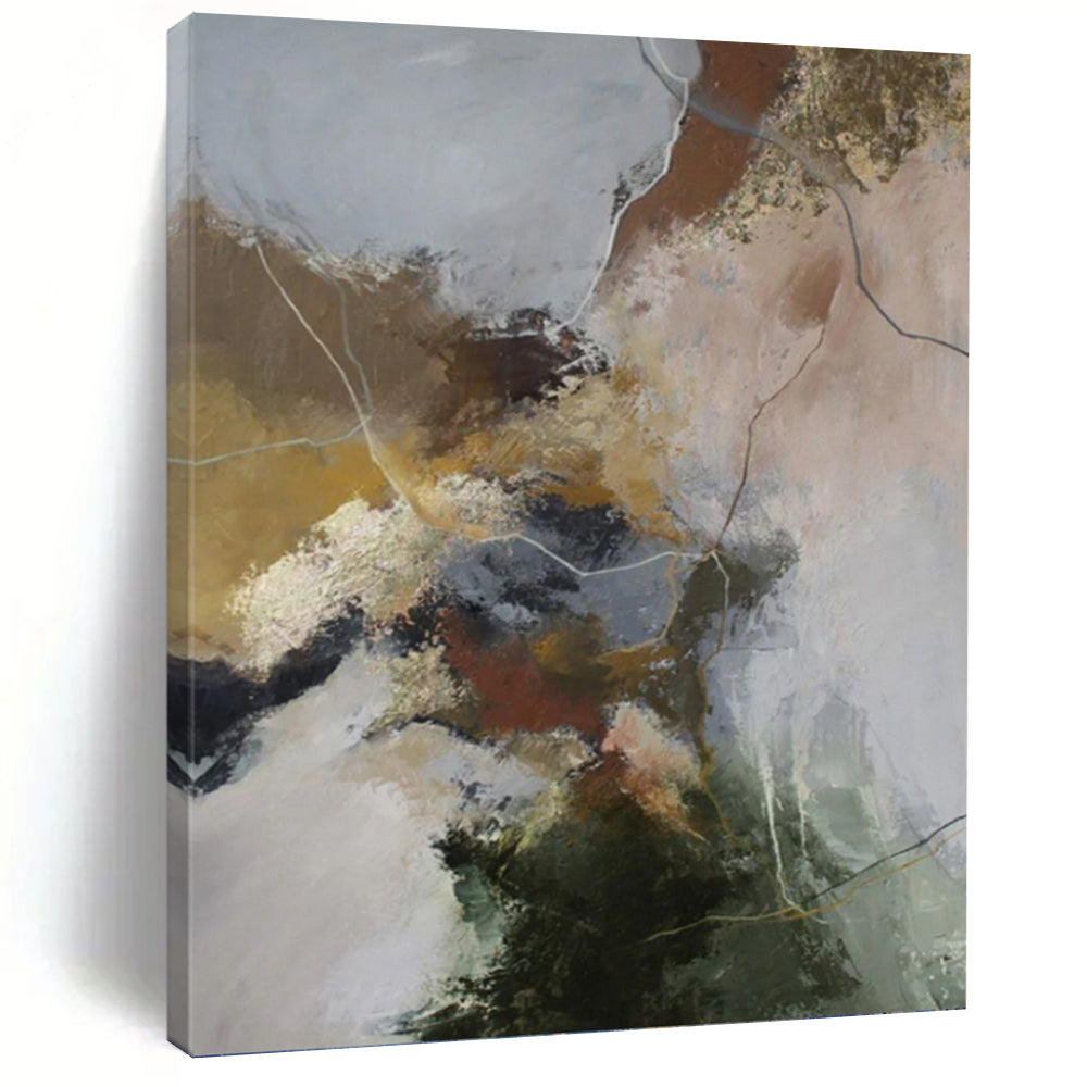 “Earth - Toned Abstract Mix” - Brown, Gold, Green & Gray Expressionistic Painting On Canvas DKH1004
