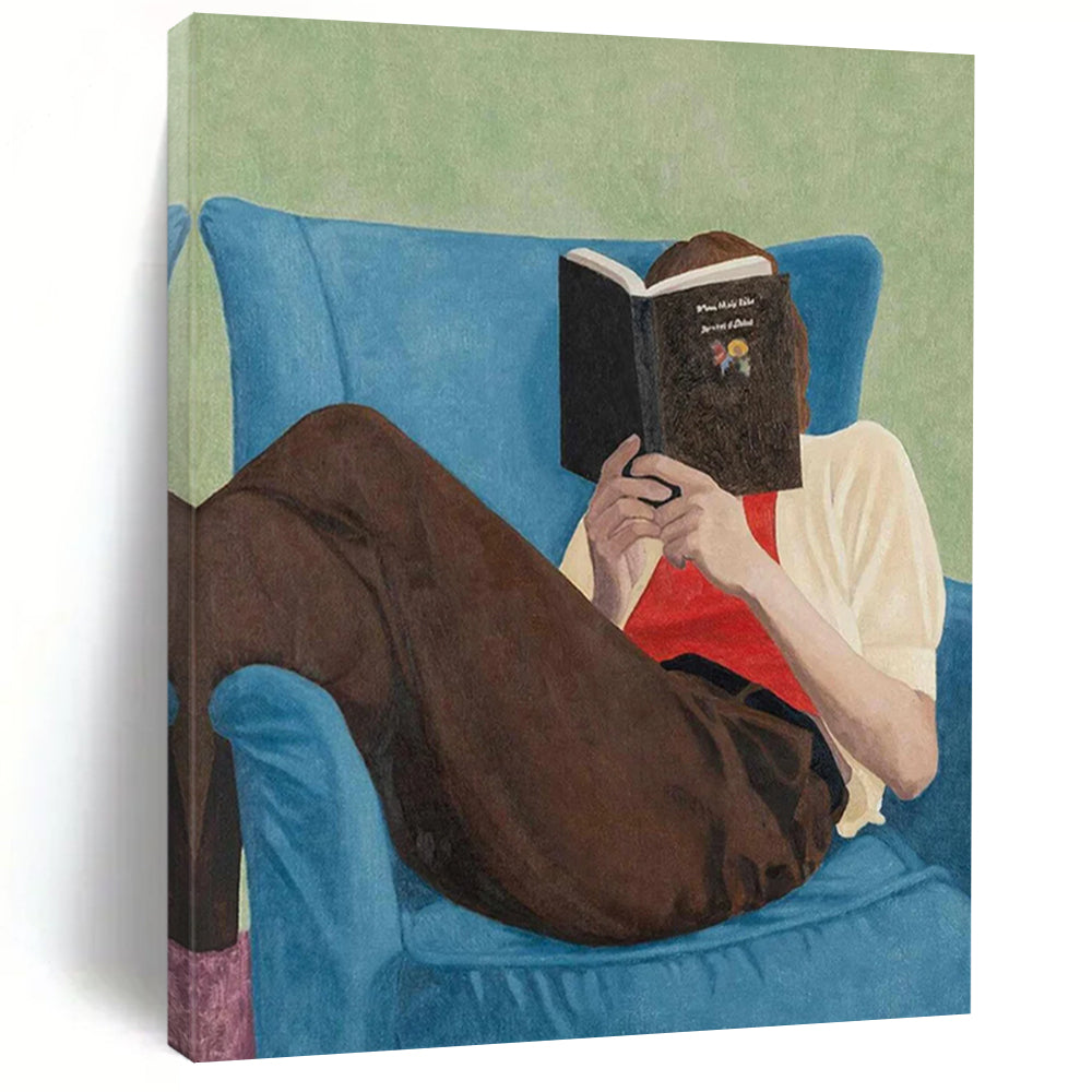 “Figure Reading on Blue Chair” - Green, Blue, Brown Figurative Painting On Canvas DTP303