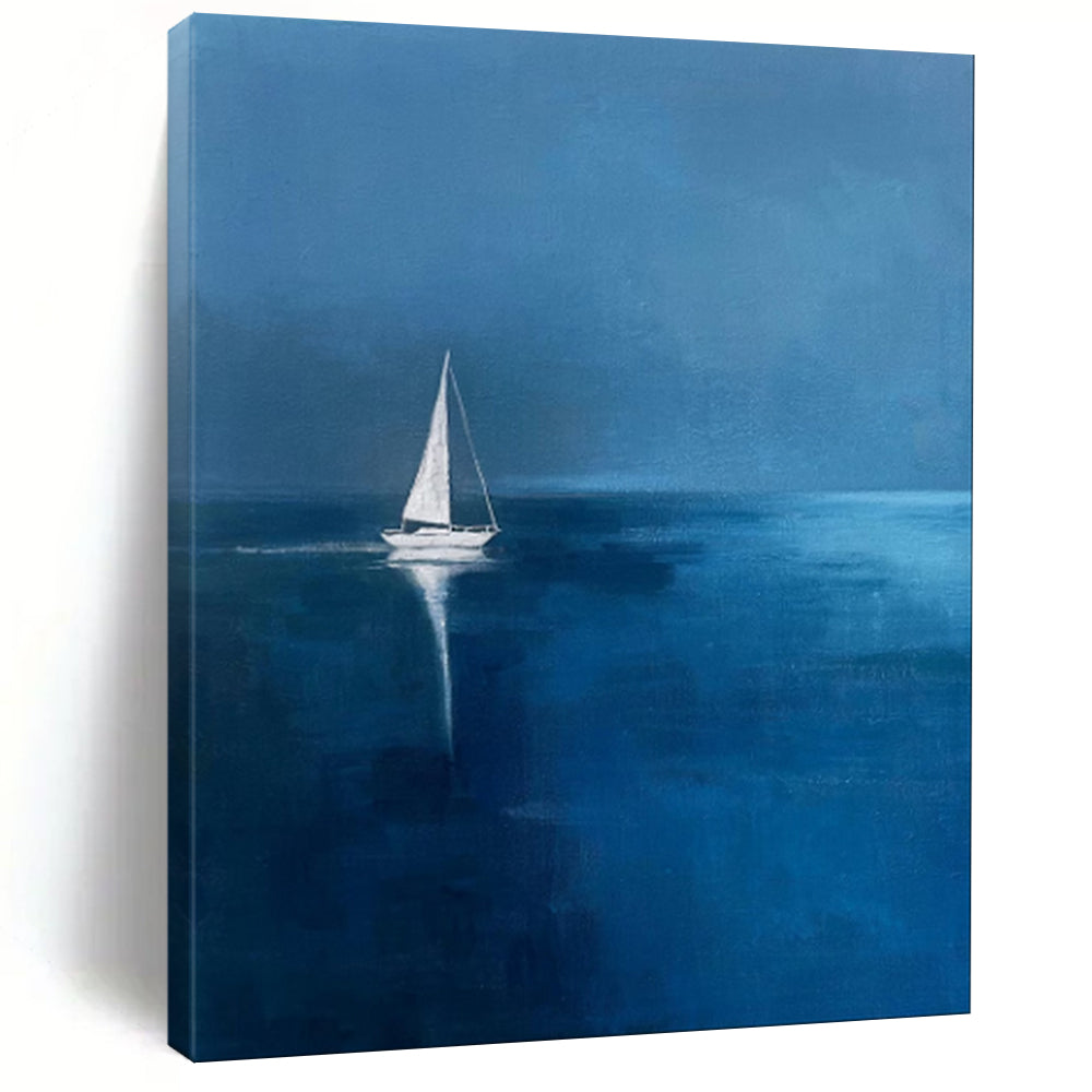 “Midnight Sail: Solitary Boat on Blue” - Minimalist Nautical Oil on Canvas CT1877