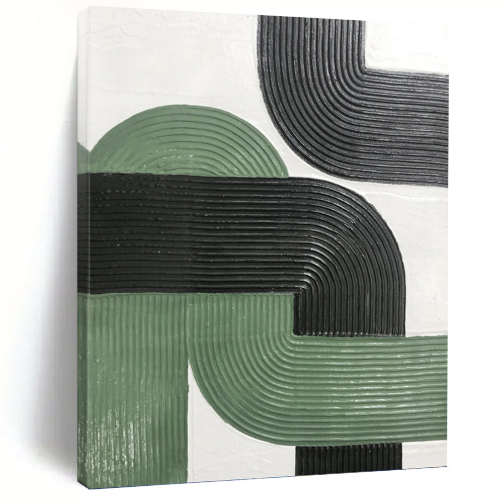 “Intertwined Paths” - Green & Black Ribbed Geometric Painting On Canvas DKH1171
