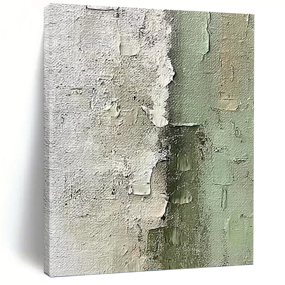 “Textured Green & White Abstract” - Green, White & Gray Minimalist Painting On Canvas DKH1002
