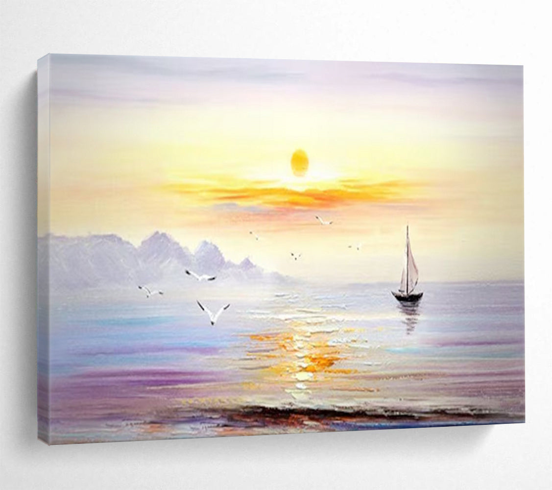 Sunset Sea Sailboat - Impressionist Seascape Painting On Canvas DLZ181
