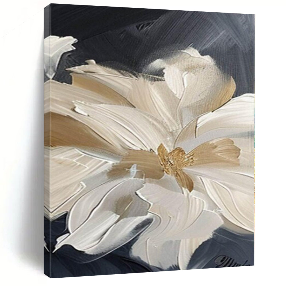 “Textured Beige - White Floral on Black (Close - up)” – Impasto Floral Painting CT1092