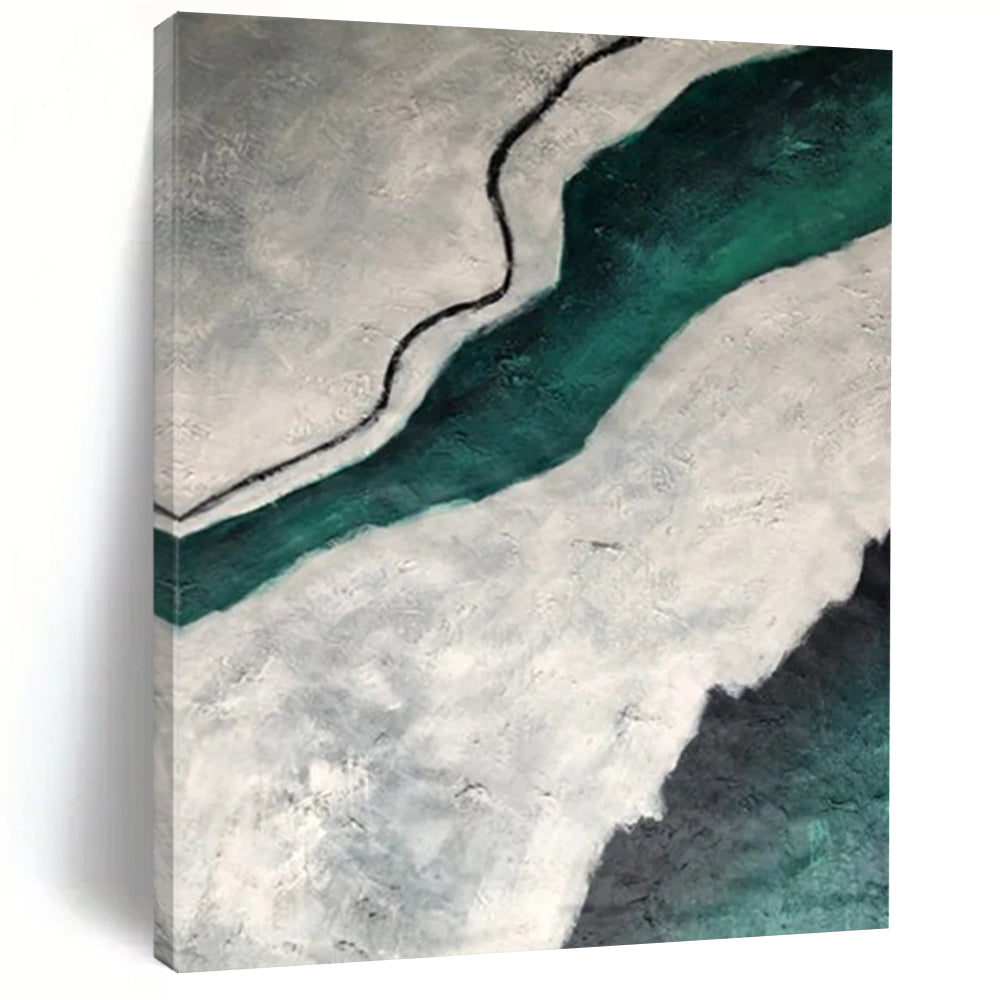 “Gray, Teal, Black Textured River ‘Ethereal Flow’” - Impasto Abstract Painting On Canvas DTP403
