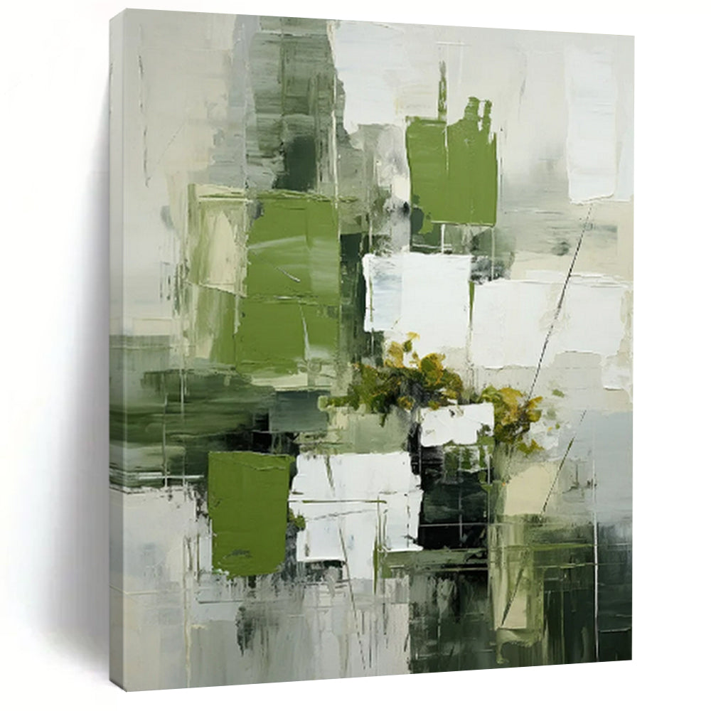 Green & White Geometric Floral - Abstract Still - Life Painting On Canvas CT2264
