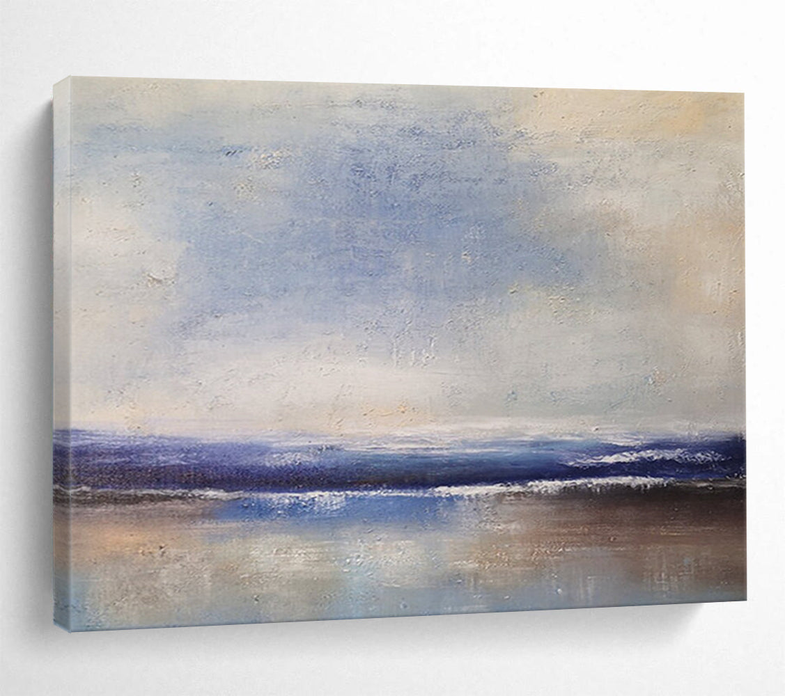 “Blue, White, Minimalist Shore ‘Quiet Beach Reflection’” - Minimalist Seascape Painting On Canvas DLZ037
