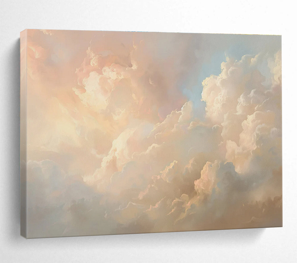 Heavenly Clouds Pink Beige Cloud Filled Sky Painting On Canvas DKH209