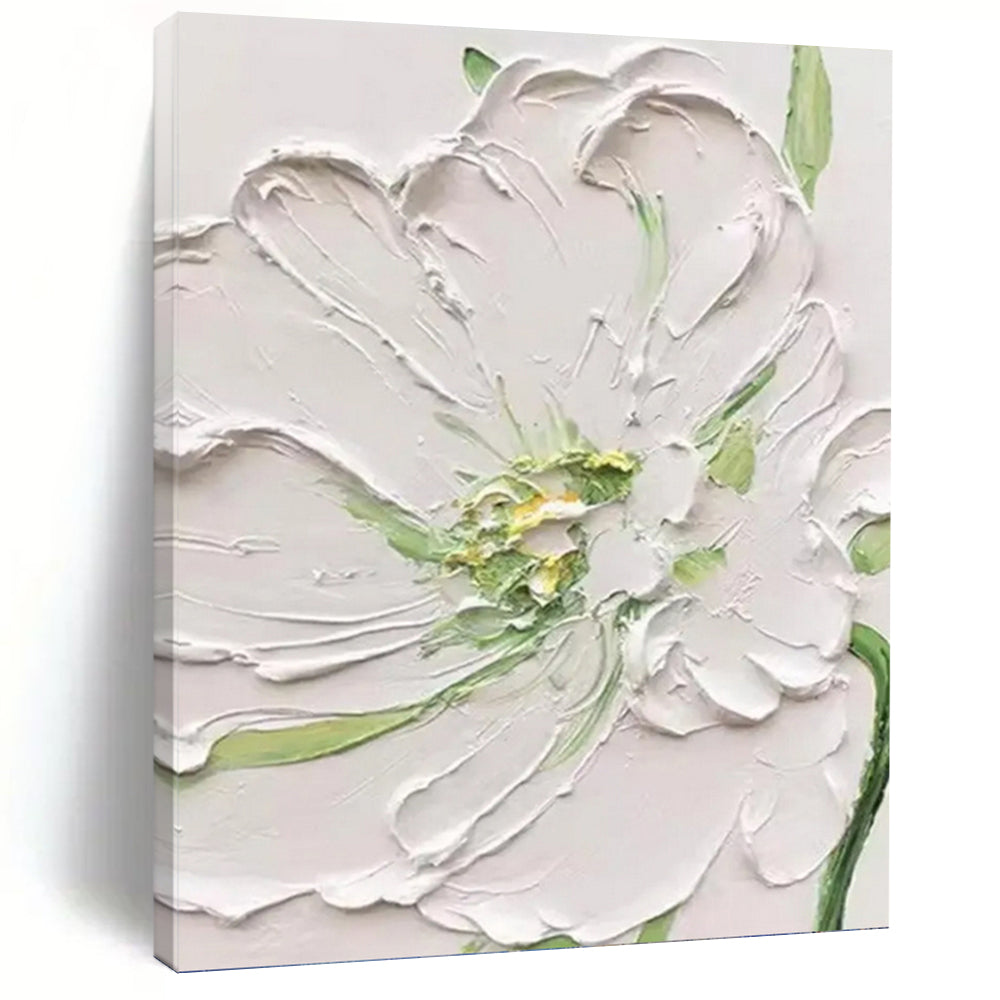 White Flower with Green Accents - Textured Floral Painting On Canvas DKH1398