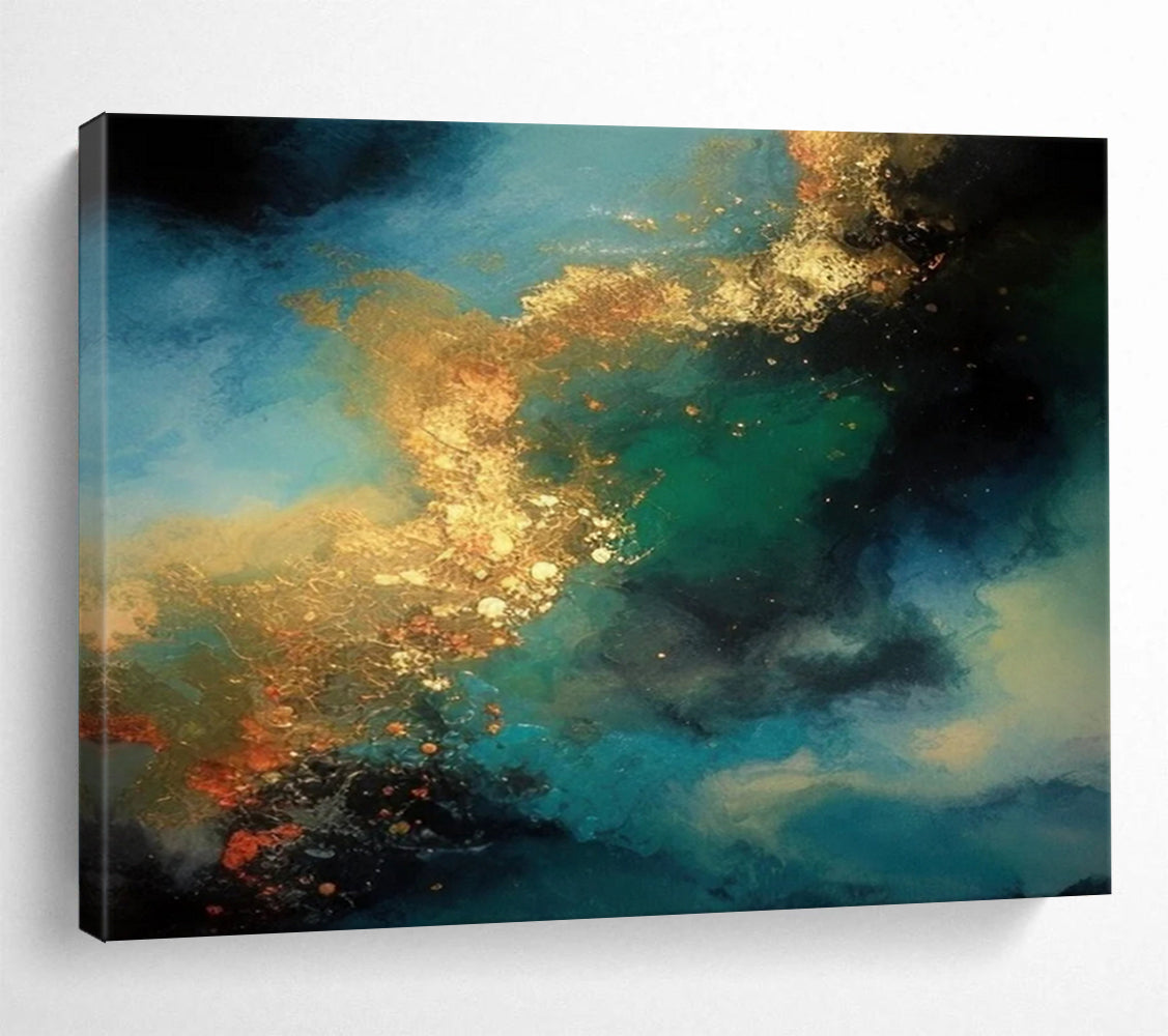 “Blue - Green With Gold Swirls” Abstract Painting On Canvas DLZ072