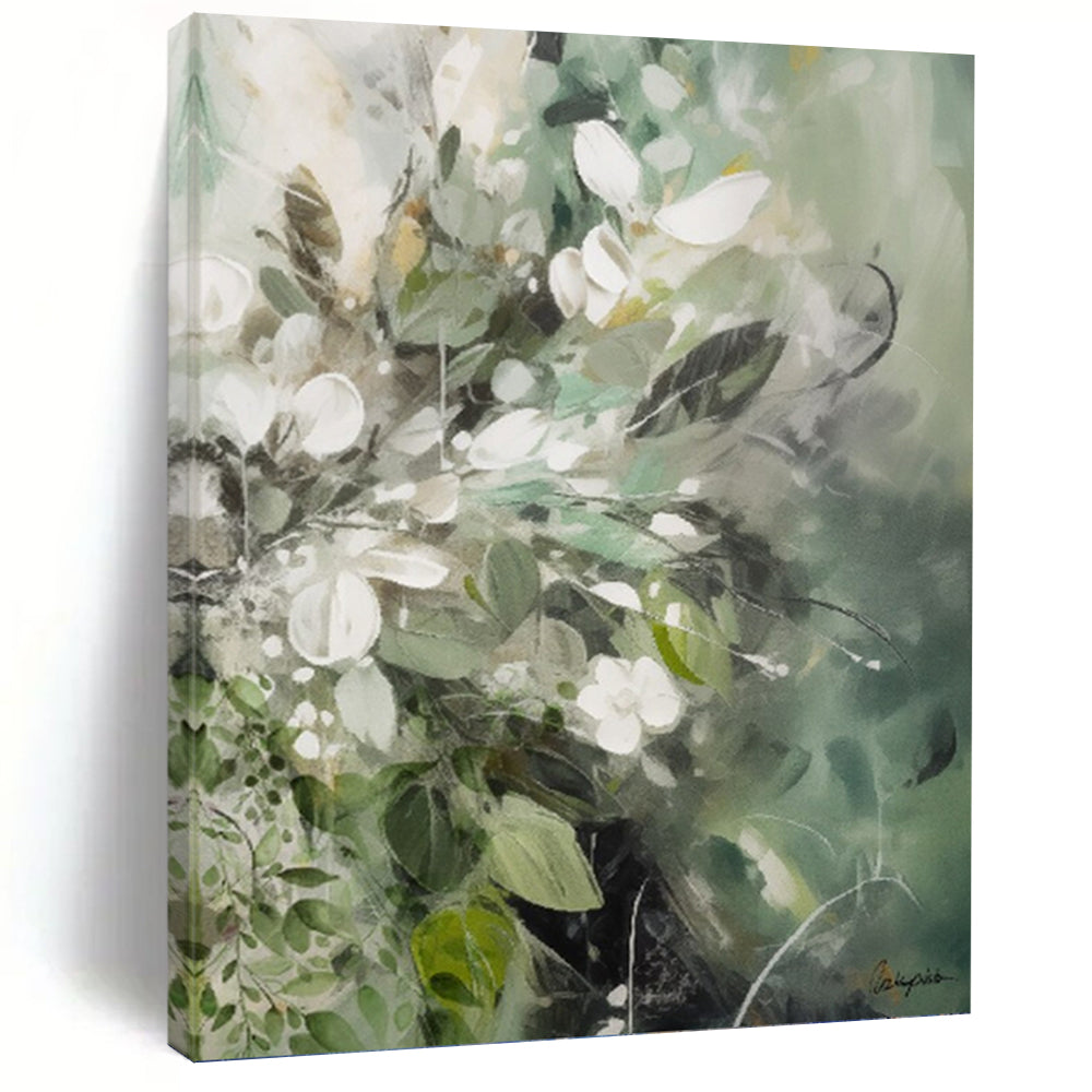 “Green - Toned Floral Abstraction” - Soft Flower Bouquet Painting On Canvas DKH1086