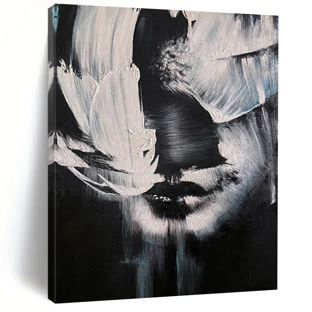 “Black, White Abstract Face ‘Mystery in Monochrome’” - Textured Figurative Painting On Canvas DTP331