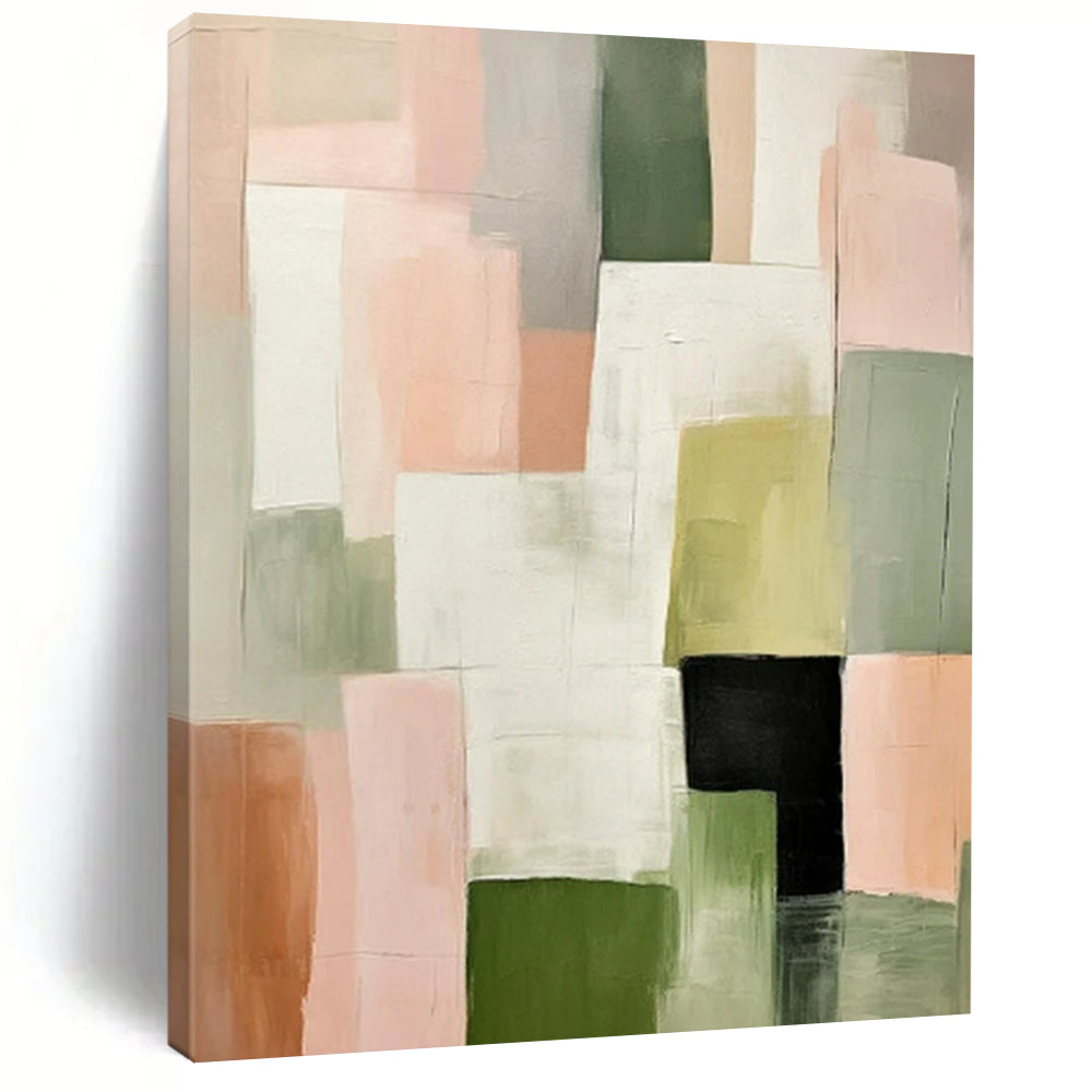 Neutral & Green Geometric Blocks - Modernist Geometry - Based Painting On Canvas CT2260