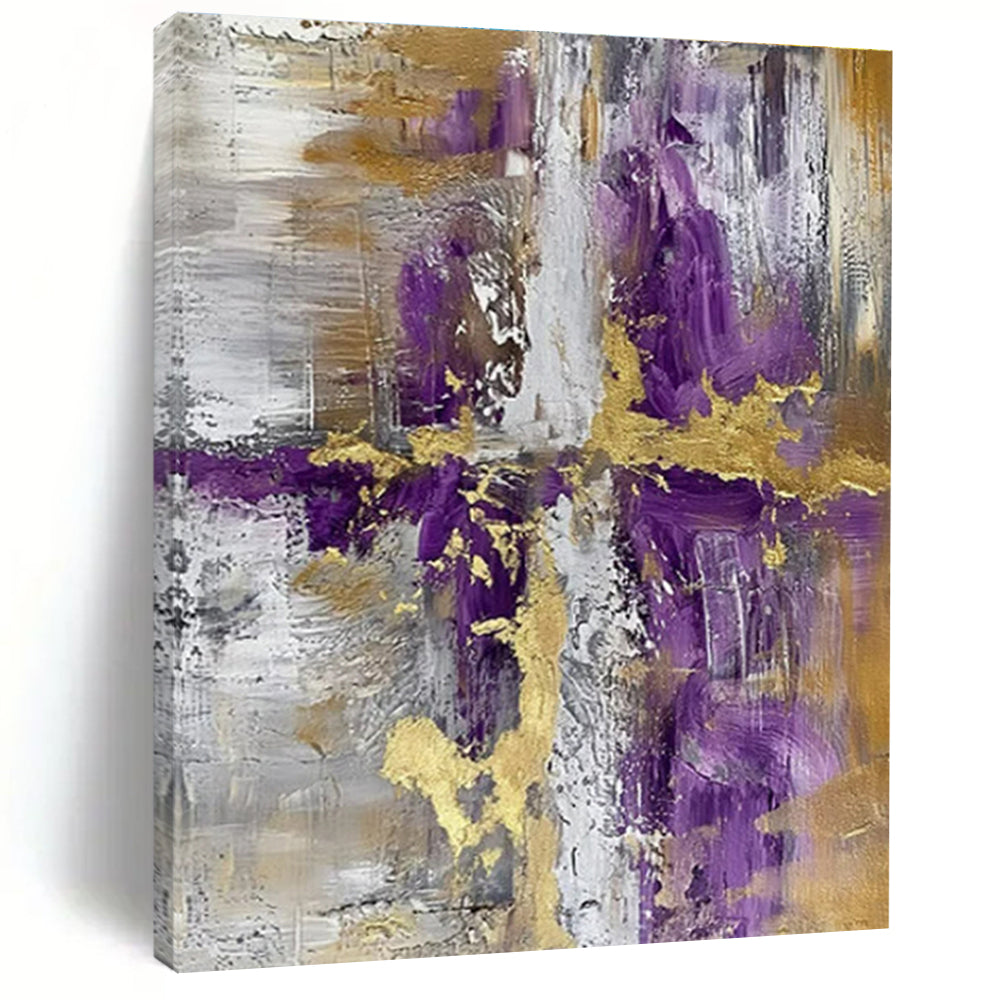 “Purple - Gold - Gray Abstract Cross” ,Abstract Acrylic Painting CT0846