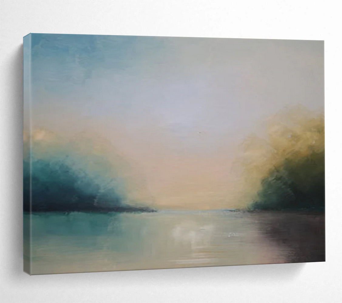 “Blue, Green, Soft - Toned ‘Tranquil River’” - Abstract Landscape Painting On Canvas DLZ014