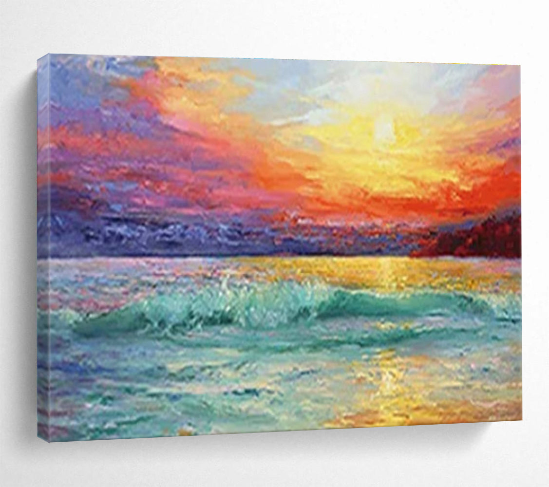 Vivid Sunset Seascape - Orange, Pink & Teal Ocean Painting On Canvas DKH892