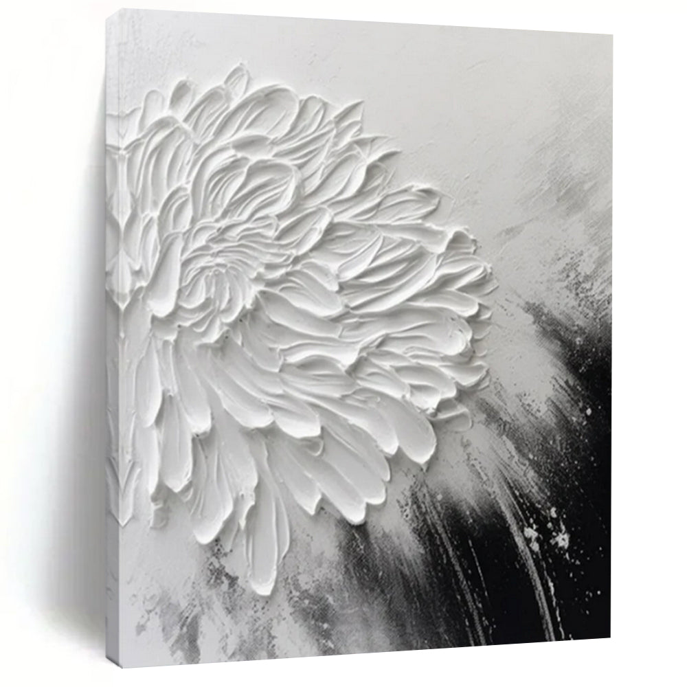 “Textured White Flower” - Black & White Floral Painting On Canvas CT2216