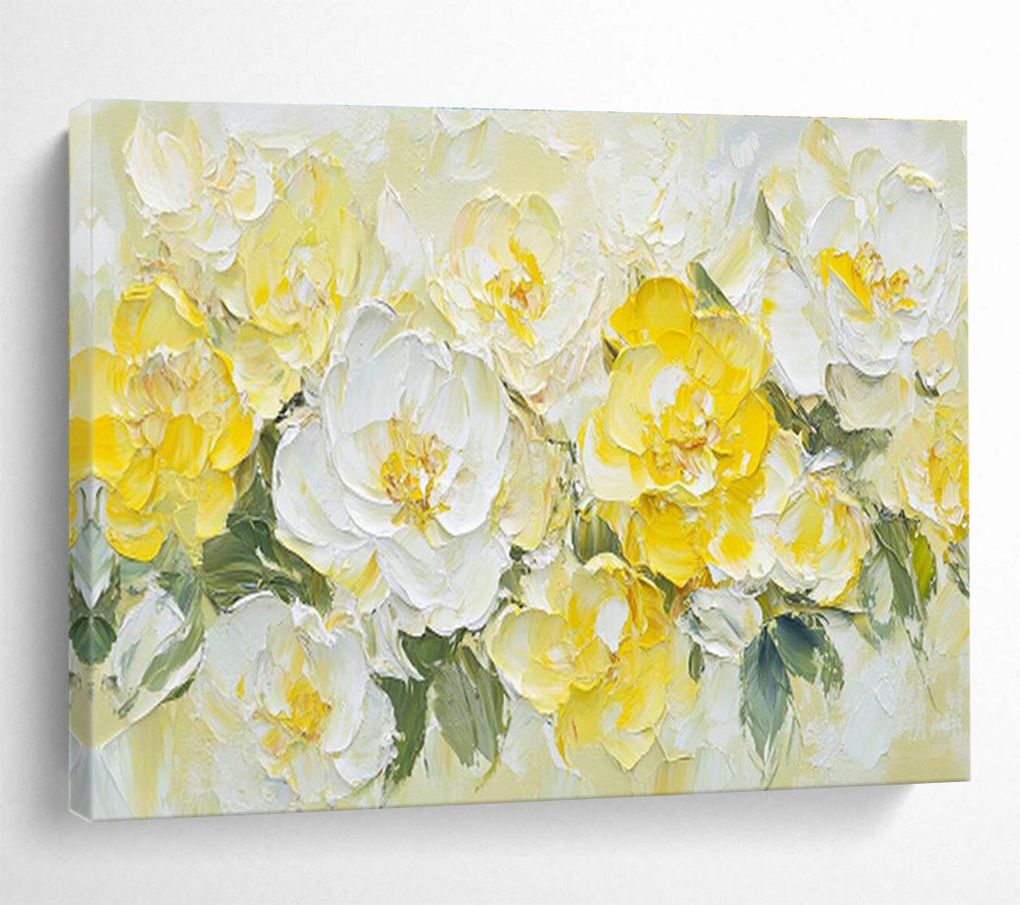 “Sunny Blooms” - Yellow, White Floral Impasto Painting On Canvas DKH696