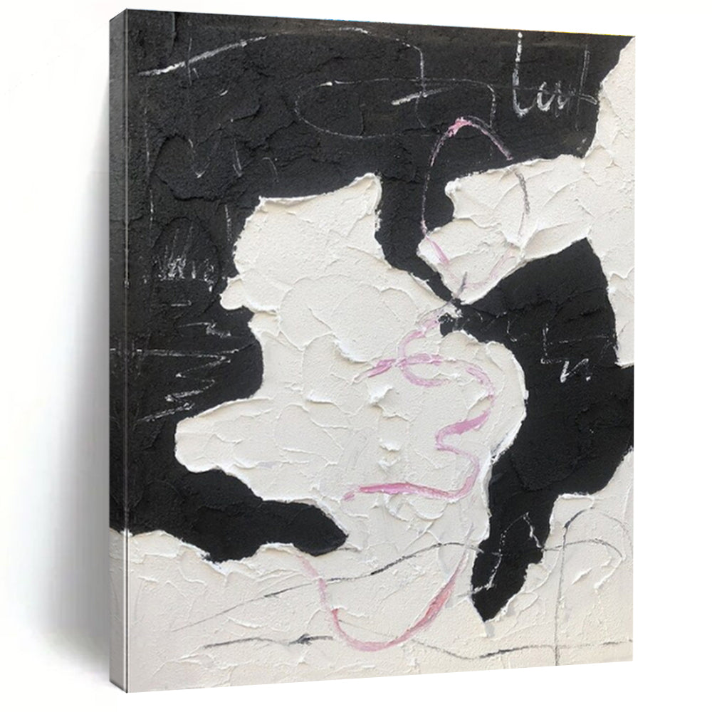 Black, White & Pink Textured Forms, “Playful Chaos” - Impasto Abstract Painting CT0773