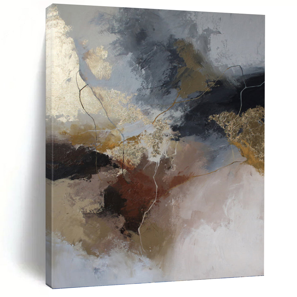 “Neutral & Gold Abstract Fusion” - Gray, Brown, Gold & White Expressionistic Painting On Canvas DKH1017