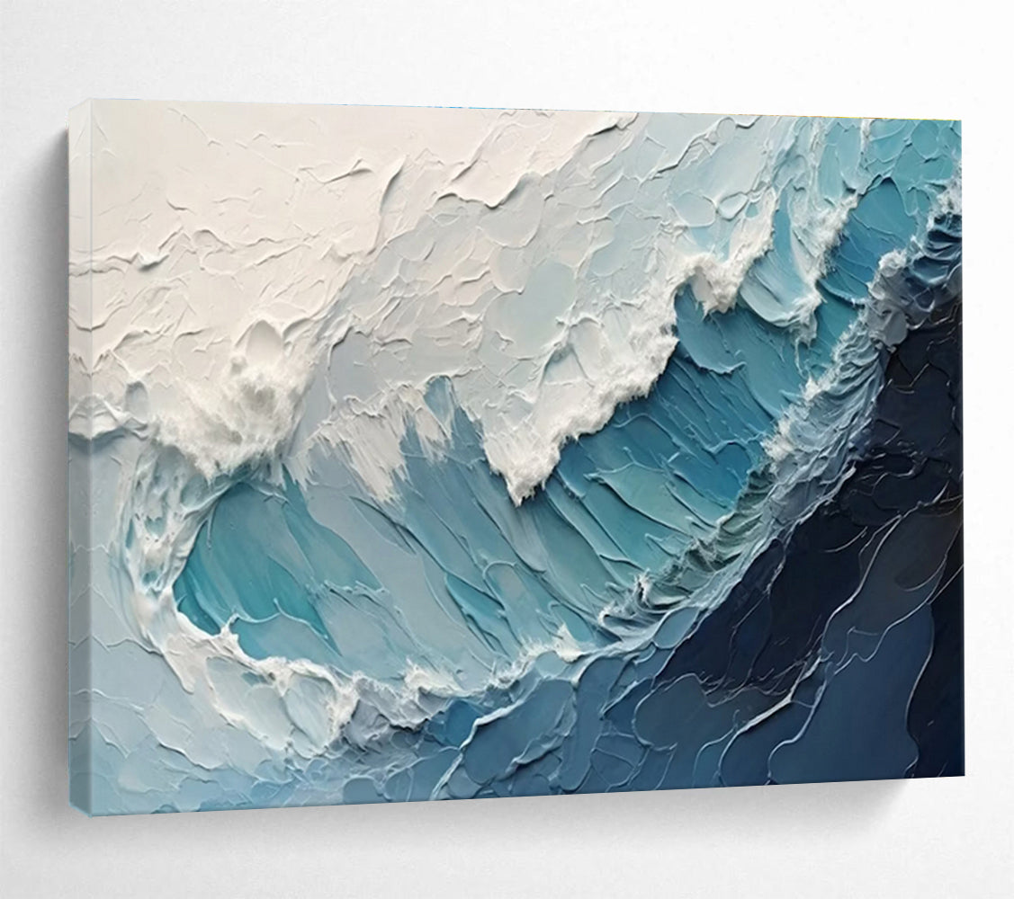 Textured Ocean Waves - Blue & White Impasto Sea Painting On Canvas DKH872
