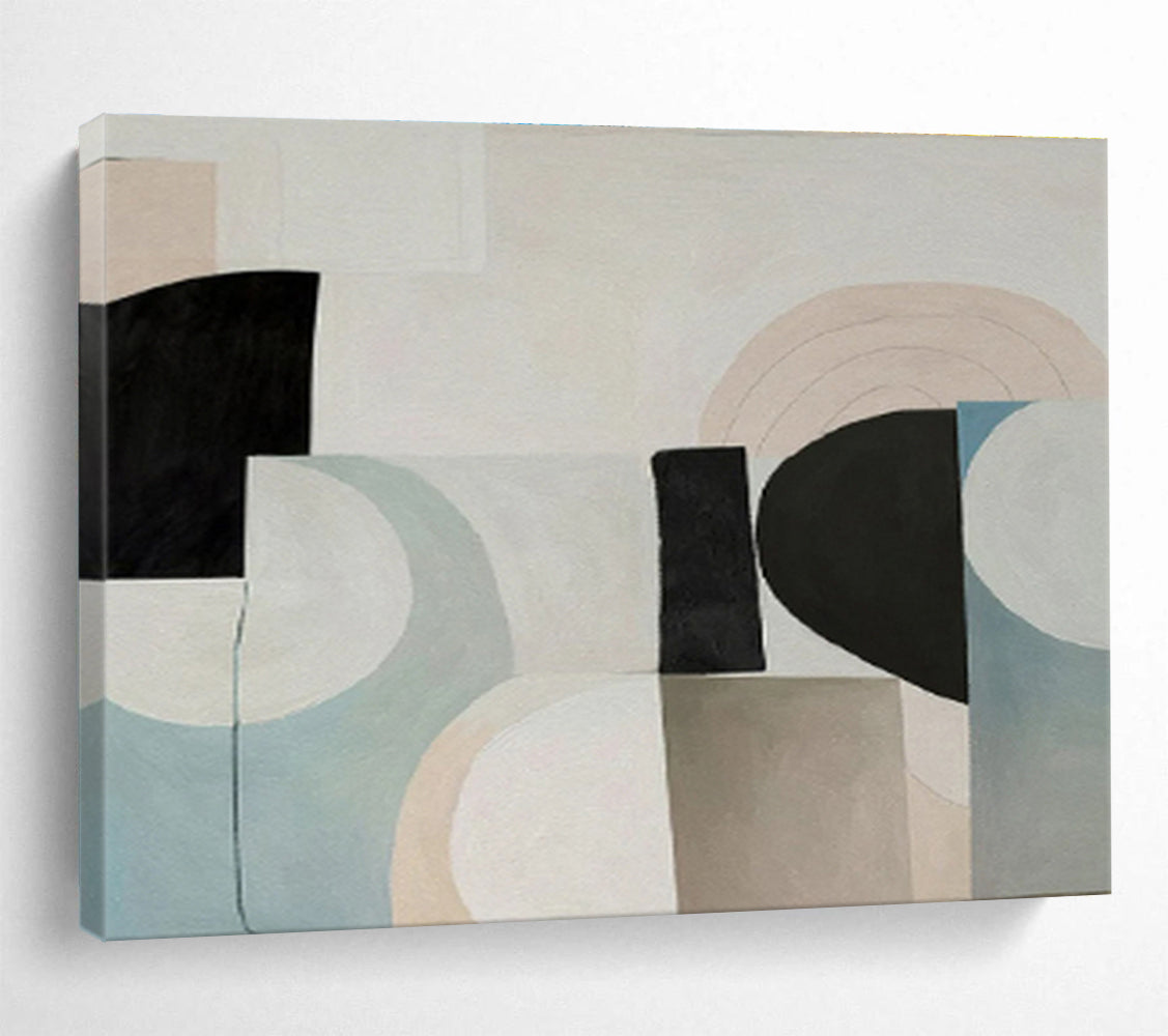 Pastel Geometric Harmony with Beige, Blue, and Black, Abstract Mid - Century - Style Painting On Canvas DKH583