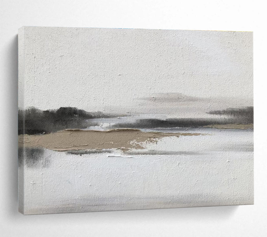 Minimalist Gray Landscape - Gray, White & Brown Landscape Painting On Canvas DKH911