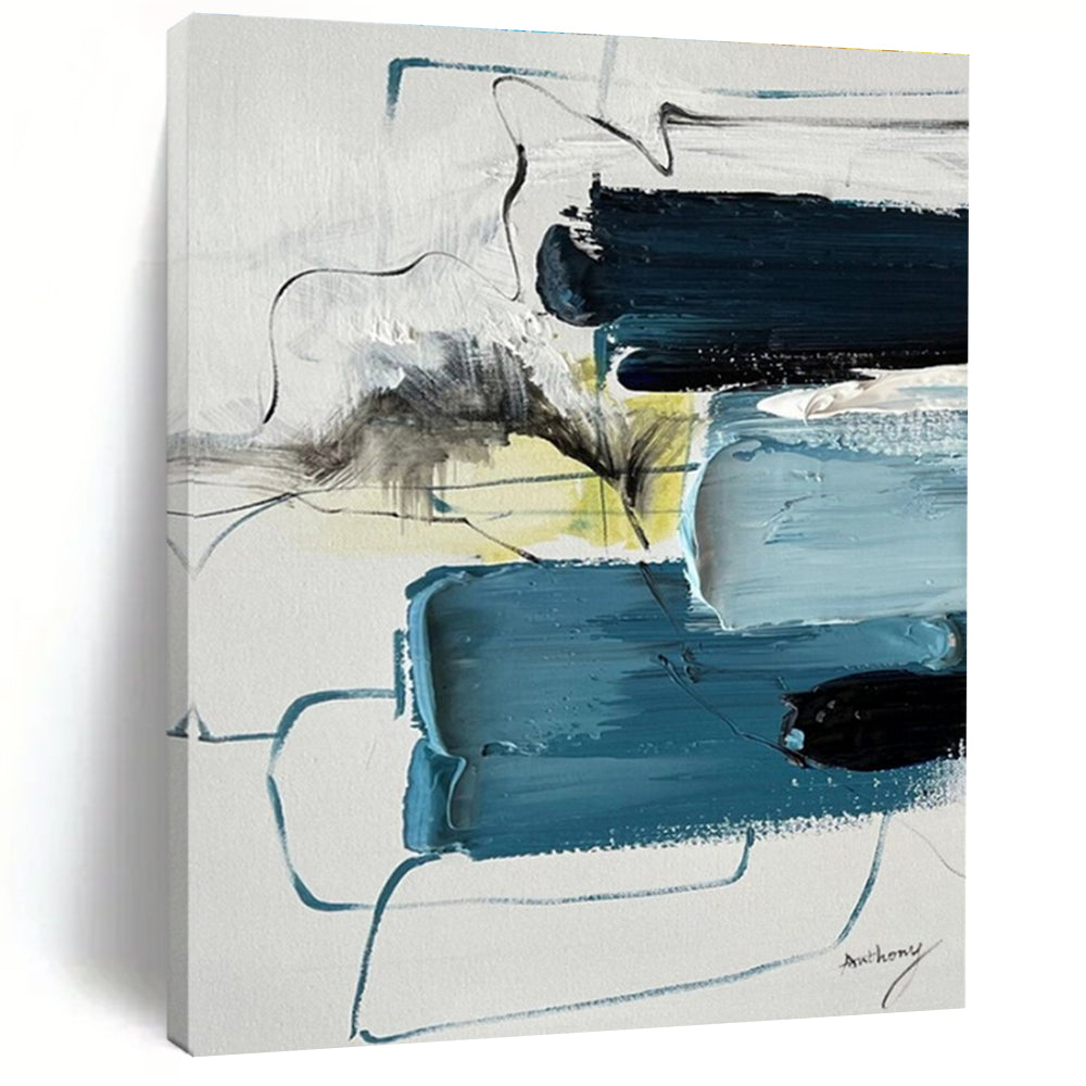 Blue, Black, White & Yellow Abstract Layers, “Oceanic Pulse” - Impasto Abstract Painting CT0779
