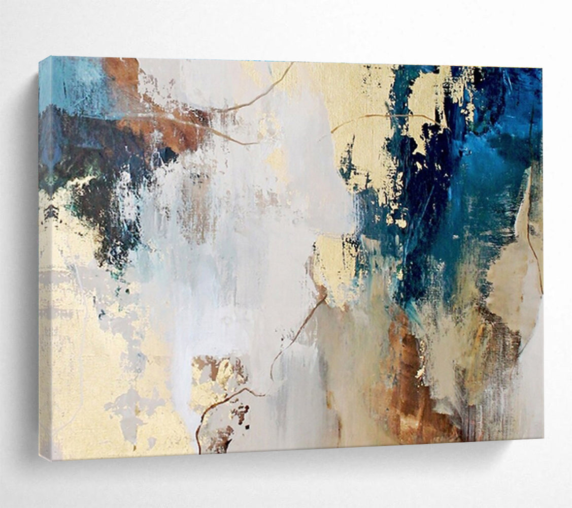 Brown, Blue, and Gold Abstract “Earthly Elegant Abstraction” Painting On Canvas DKH130