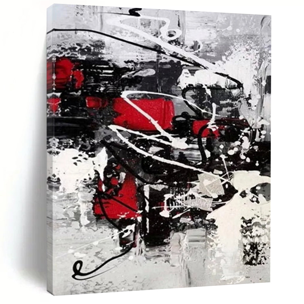 “Black, White, Red Dynamic Splashes ‘Vibrant Chaos’” - Impasto Abstract Painting On Canvas DTP383