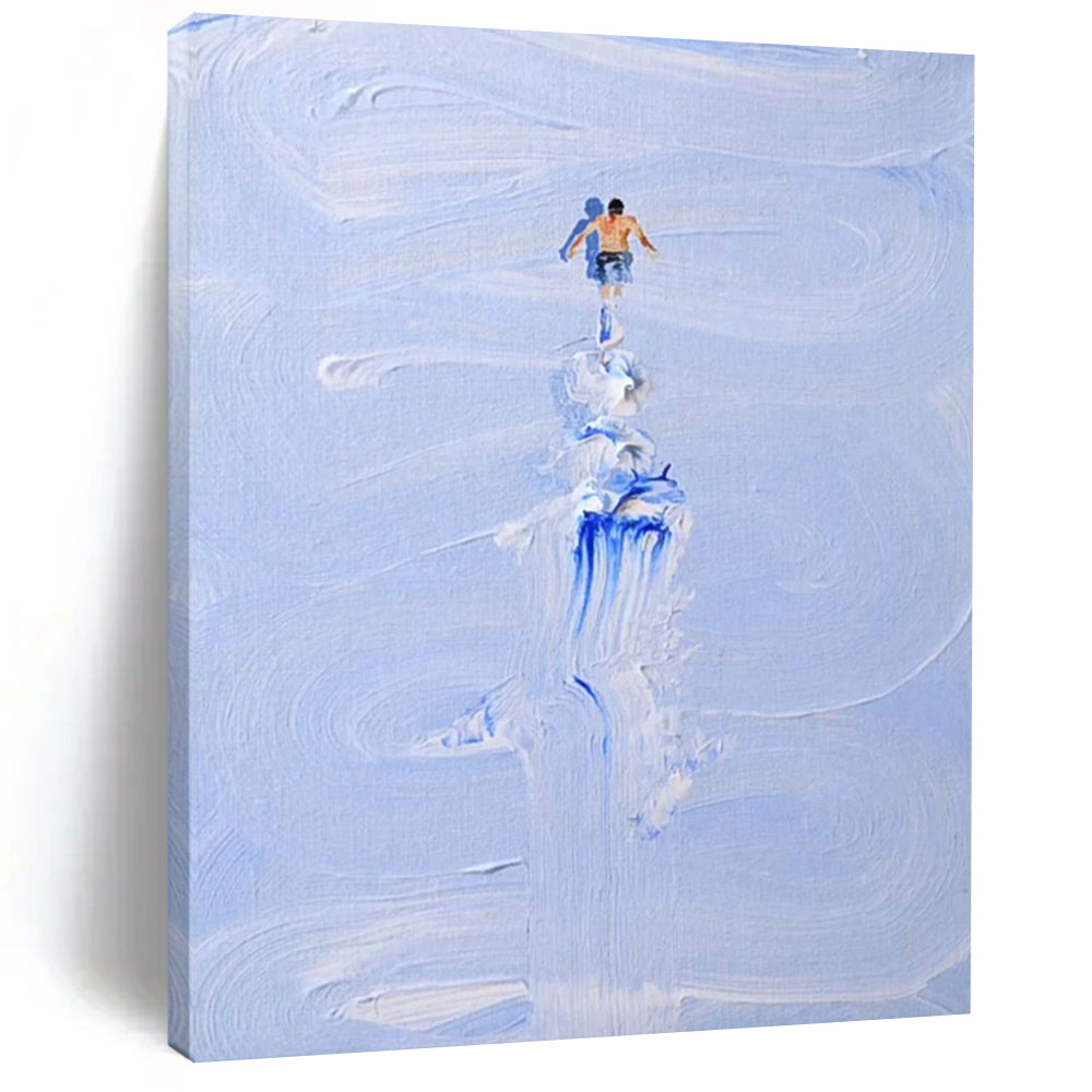 “Blue, White Figure ‘Water Wanderer’” - Impasto Sea & Figure Painting On Canvas DTP327