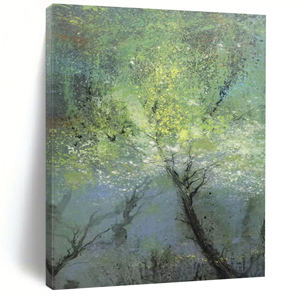“Misty Green Forest” - Green, Blue, Gray Abstract Landscape Painting On Canvas DTP247