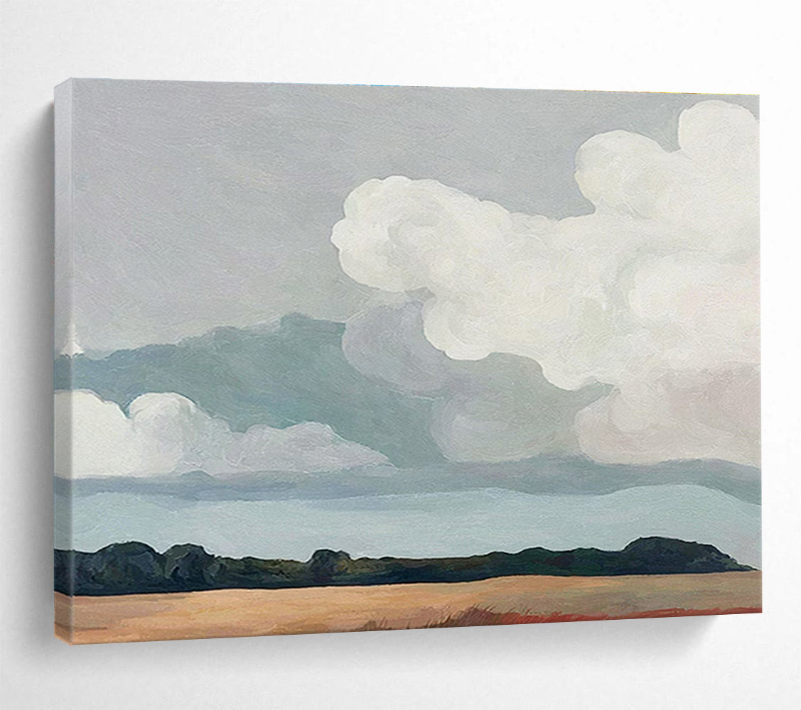 “Soft Clouds Over Earthy Field” - Minimalist Landscape Painting On Canvas DKH793