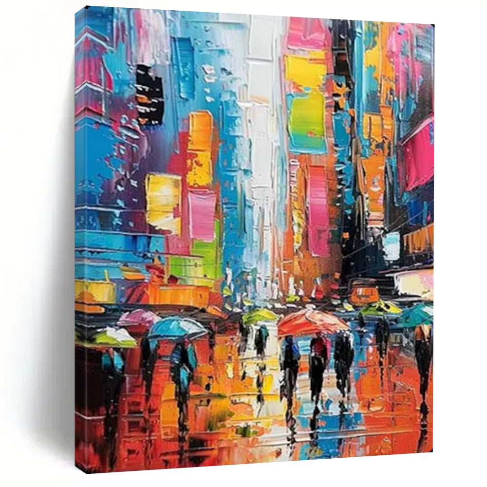 “Colorful Urban Rainy Street” – Impressionistic Cityscape Oil Painting On Canvas CT2141