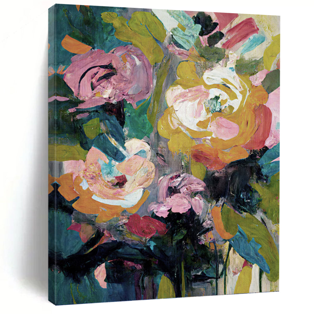 Colorful Floral Bouquet in Green Vase - Bold Flower Painting On Canvas DKH1355