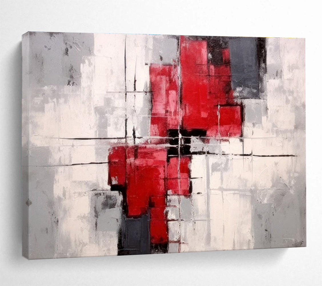 Red Gray and White Geometric Forms Structured Abstract Composition Painting On Canvas DKH269