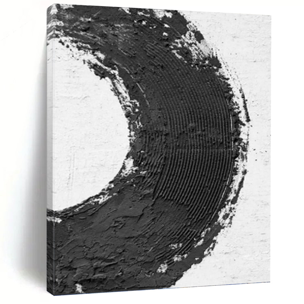 “Bold Black - White Circle” - Minimalist Textured Painting On Canvas DKH1675