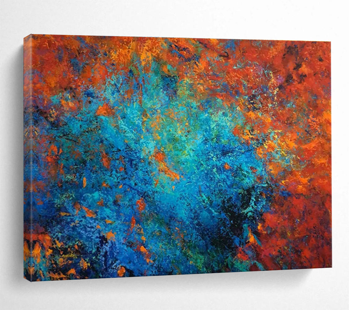 “Fiery Blue Core” - Red, Blue, Orange Abstract Oil Painting On Canvas DKH723