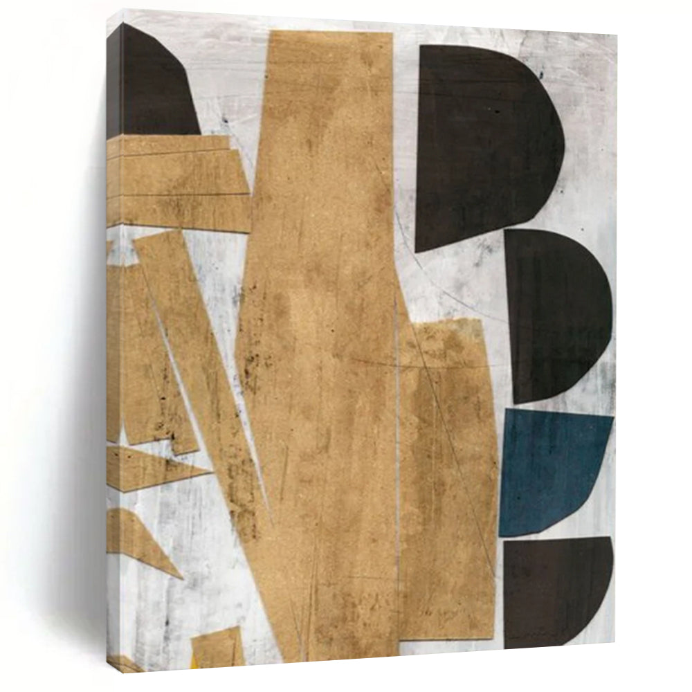 “Geometric Gold & Blue Collage” - Gold, Blue, Black Abstract Painting On Canvas DTP216
