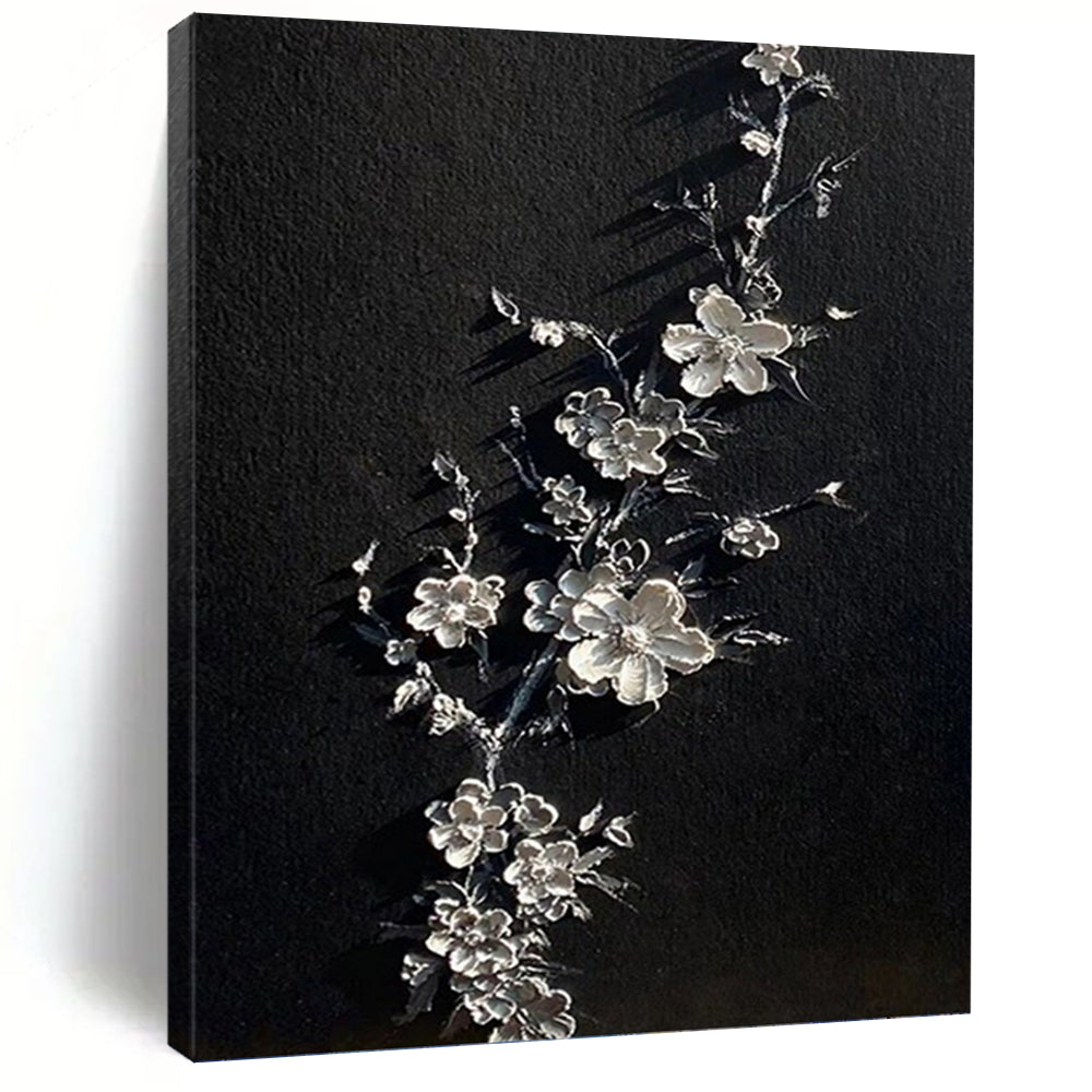 “Silver Blossoms” - Black & Silver 3D Floral Textured Painting On Canvas DKH1543