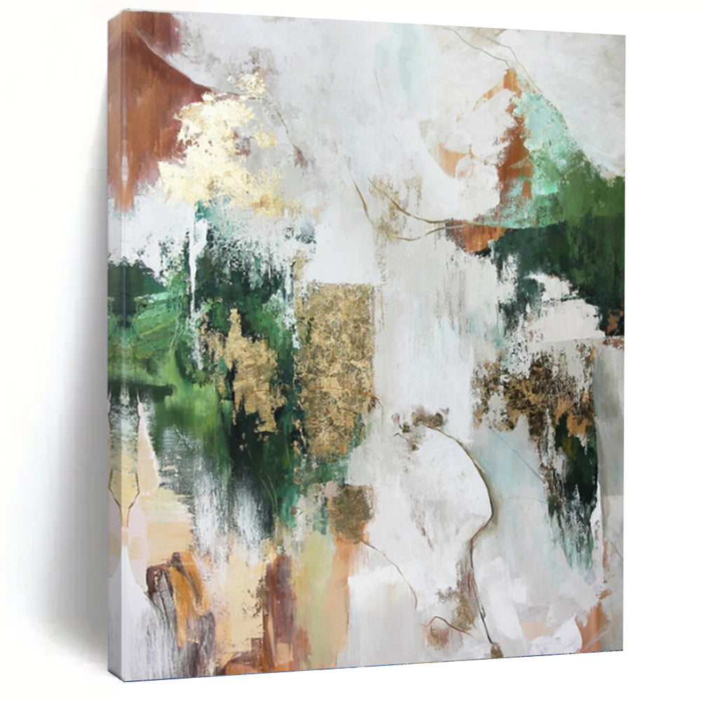 “Multicolor Abstract with Gold” - Green, Gold, Brown & White Eclectic Painting On Canvas DKH1011