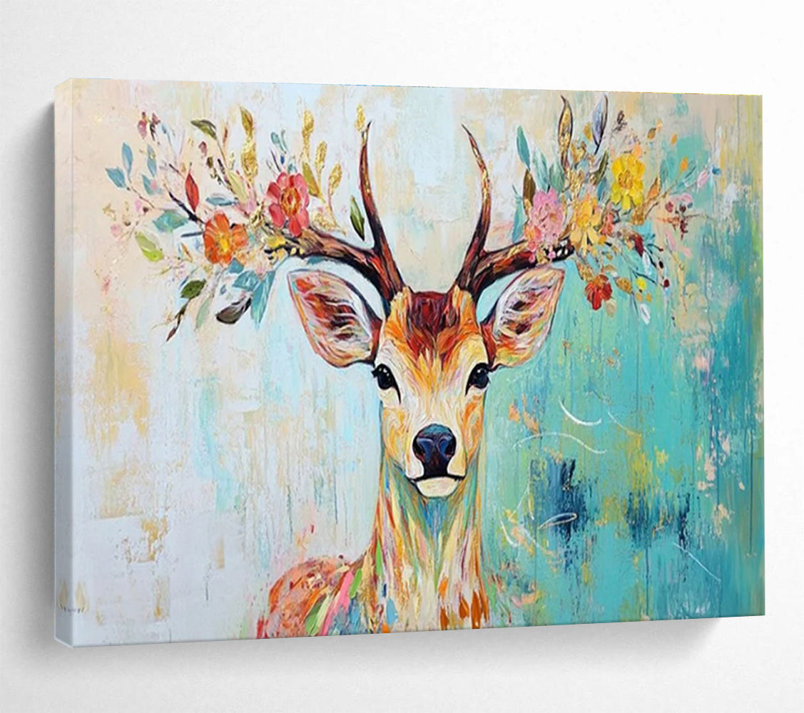 “Floral - Antlered Deer” - Whimsical Animal Painting On Canvas DKH803