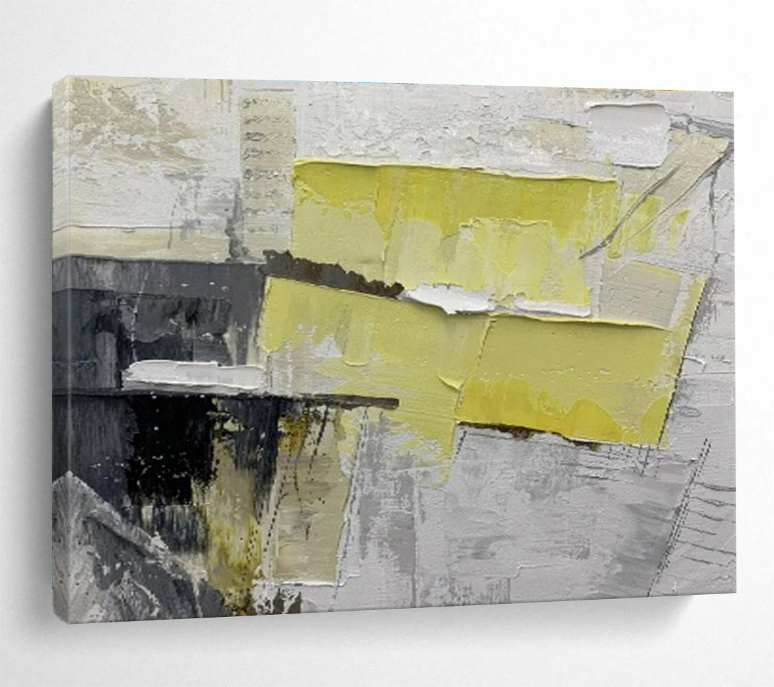 Bold Yellow and Gray Collage - Abstract Mixed - Media Painting On Canvas DKH595